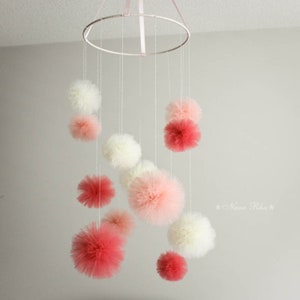 Baby Mobile, Crib Mobile, Mobile, Nursery Mobile, Pom Pom Mobile, Tulle Mobile, Crib Decor, Nursery Decor, Baby Room Decor, Play Room Decor image 4