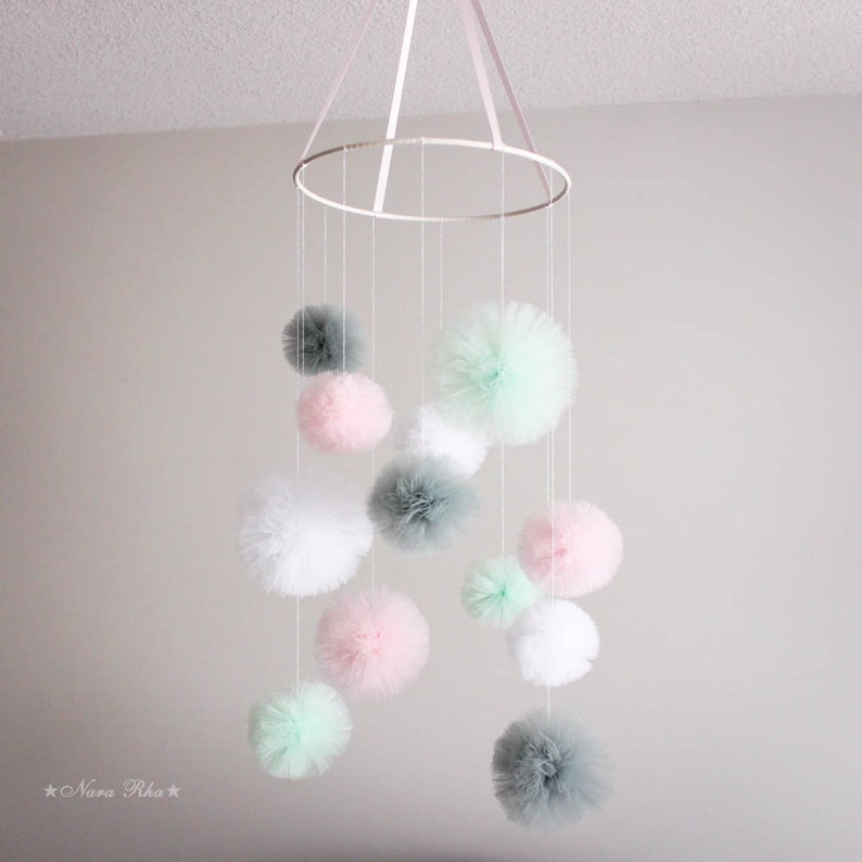 Baby Mobile, Crib Mobile, Mobile, Nursery Mobile, Pom Pom Mobile, Tulle Mobile, Crib Decor, Nursery Decor, Baby Room Decor, Play Room Decor image 1