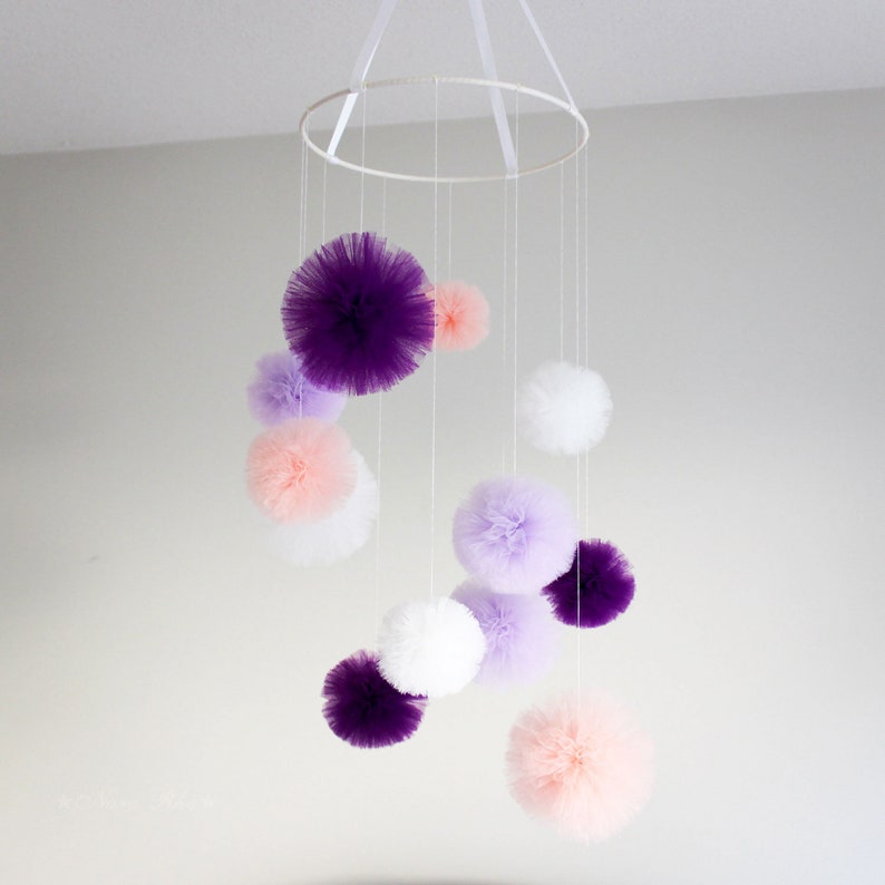 Baby Mobile, Crib Mobile, Mobile, Nursery Mobile, Pom Pom Mobile, Tulle Mobile, Crib Decor, Nursery Decor, Baby Room Decor, Play Room Decor image 8