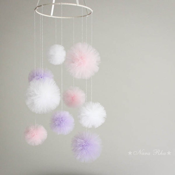 Pom Pom Baby Mobile, Nursery Mobile, Baby Mobile, Nursery Decor, Crib Mobile, Baby Shower Gift, Tulle Pom Pom, Girl Nursery, Childrens Rooms