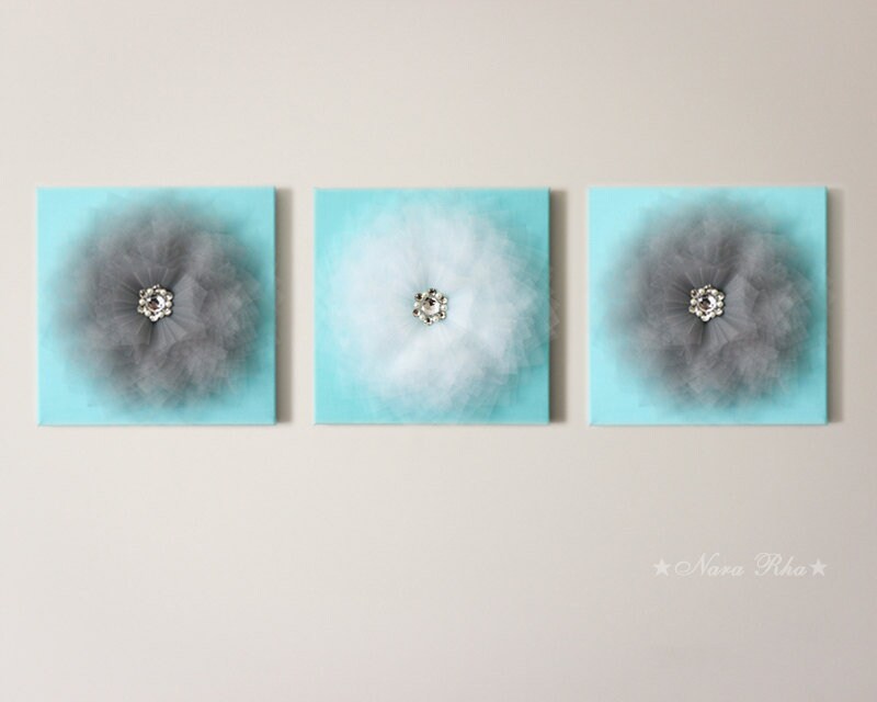 Aqua White Gray Wall Art Canvas Flower Bedroom Decor Nursery Etsy