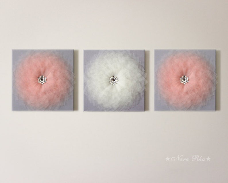 Gray and Peach Flower Canvas Wall Decor Set of Three Peach Etsy