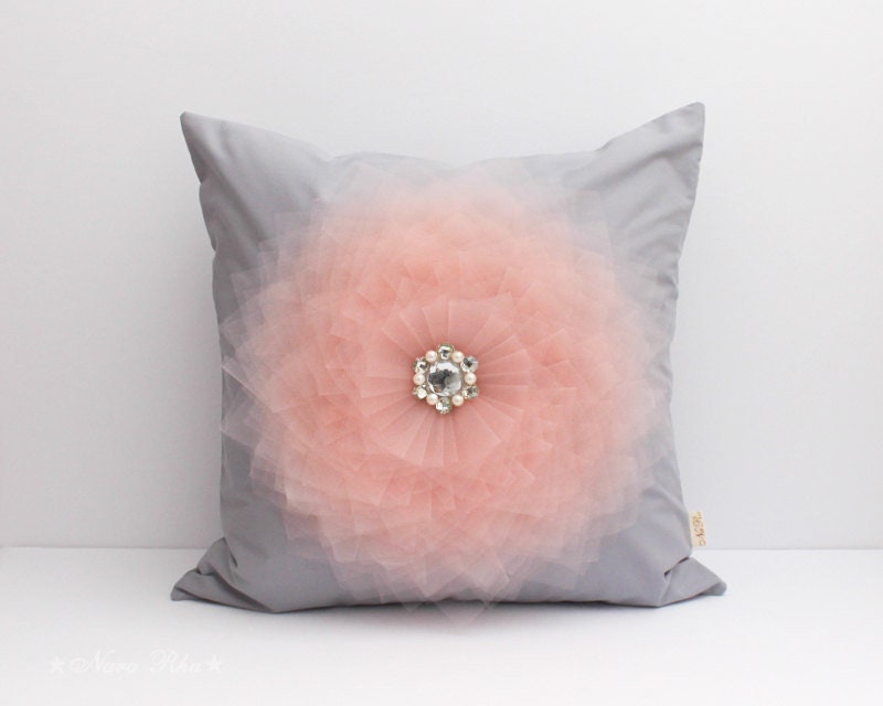 Peach Pillow Covers Peach and Grey Pillow Peach Bed Pillows Cushion Cover Decorative Pillows Grey Pillow Cover Peach Flower Pillow