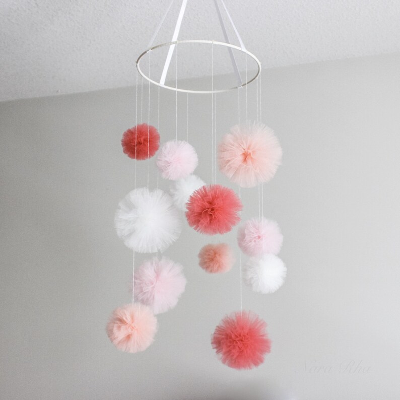 Baby Mobile, Crib Mobile, Mobile, Nursery Mobile, Pom Pom Mobile, Tulle Mobile, Crib Decor, Nursery Decor, Baby Room Decor, Play Room Decor image 9