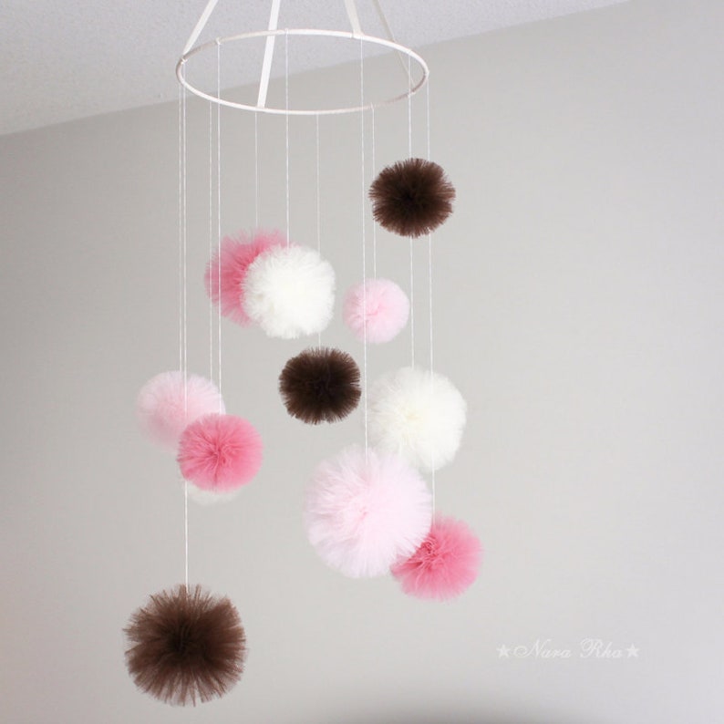 Baby Mobile, Crib Mobile, Mobile, Nursery Mobile, Pom Pom Mobile, Tulle Mobile, Crib Decor, Nursery Decor, Baby Room Decor, Play Room Decor image 5