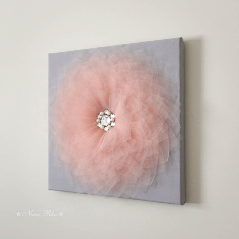 Gray and Peach Flower Canvas Wall Decor Set of Three Peach Etsy