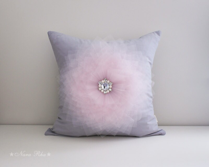 Grey Pillow Cover 16 x 16 Light Pink Flower on Gray Pillow