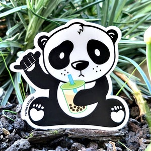 Sticker - Shaka Panda w/ Milk Tea and Boba - 2.9&quot; x 2.65&quot;