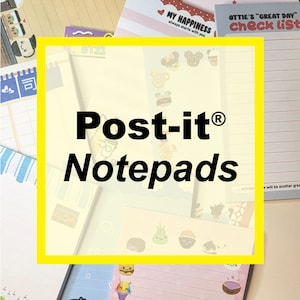 May include: Assortment of Post-it® Notepads with various designs. The notepads feature cute illustrations of food, animals, and characters. The notepads are yellow, pink, blue, and green.