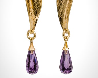 New! Long 14k Yellow Gold Textured Amethyst Briolette Drop Earrings