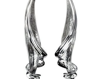 Long Textured Silver Leaves Draped with Shiny Silver Curls, Sterling Silver Earrings with 14k Gold Posts