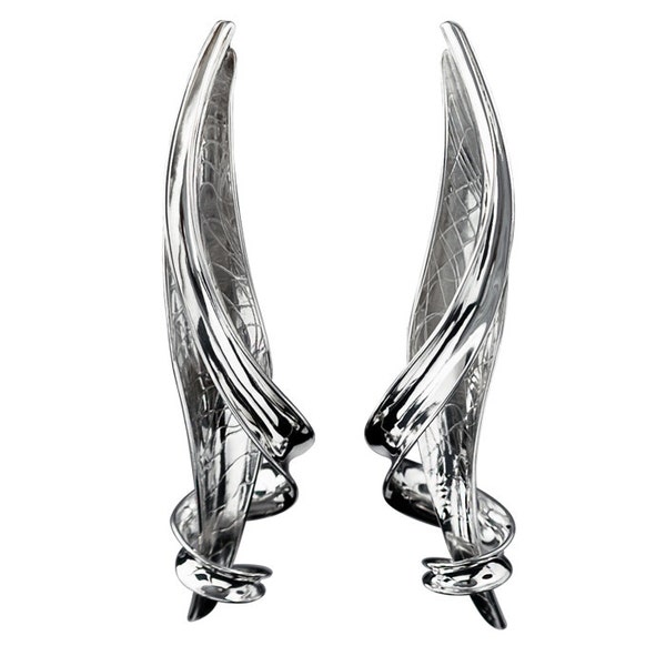 Long Textured Silver Leaves Draped with Shiny Silver Curls, Sterling Silver Earrings with 14k Gold Posts