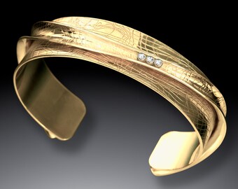 14K Solid Gold Diamond Cuff Bracelet, Textured Contemporary Statement