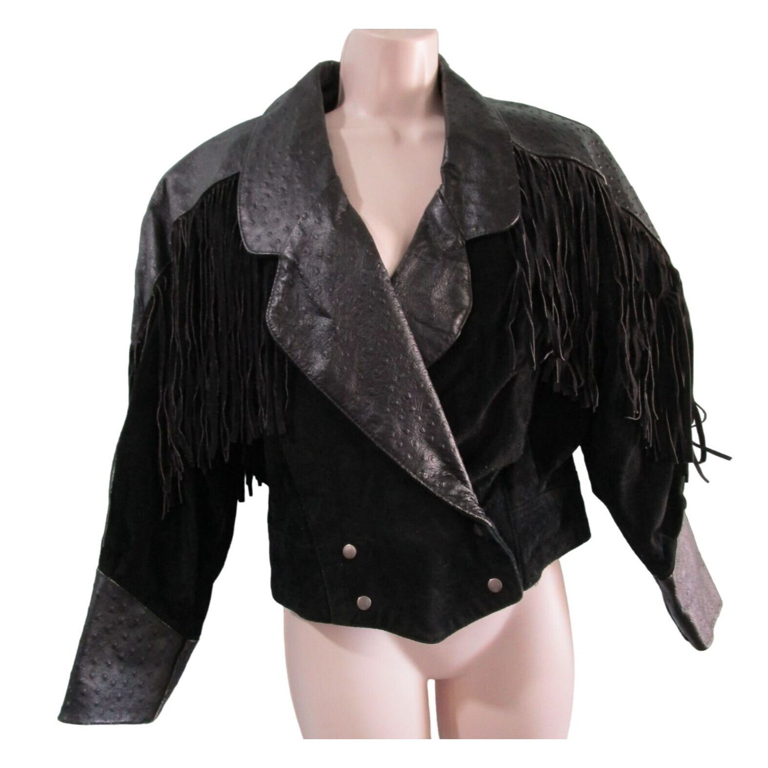 Suede Fringed Ostrich Print Leather Vintage Ladies M Jacket