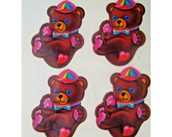 Lisa Frank Blue Eyed Bear Rainbow Hat Tie Set of Four Vintage Stickers Unpeeled
