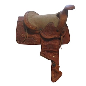 Vintage Western Leather Minatare Cowboy Purse Saddle Tooled Sherpa Lined GUC