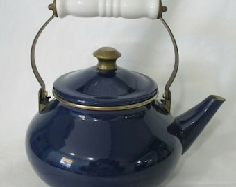 Cobalt Blue Enamel Brass White Porcelain Vintage Tea Kettle w/Lid GUC No Whistle