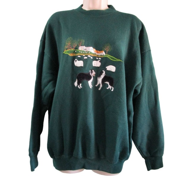 Embroidered Velvet Applique Border Collie Sheep Green Sweatshirt Acorn Leisure