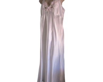 Intimo Amore Vintage White Satin Negligee Pink Floral Pearl Accent Ladies L GUC