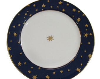 Vintage Sakura Galaxy salade of lunch blauwe rand met 14 kt gouden sterren EUC