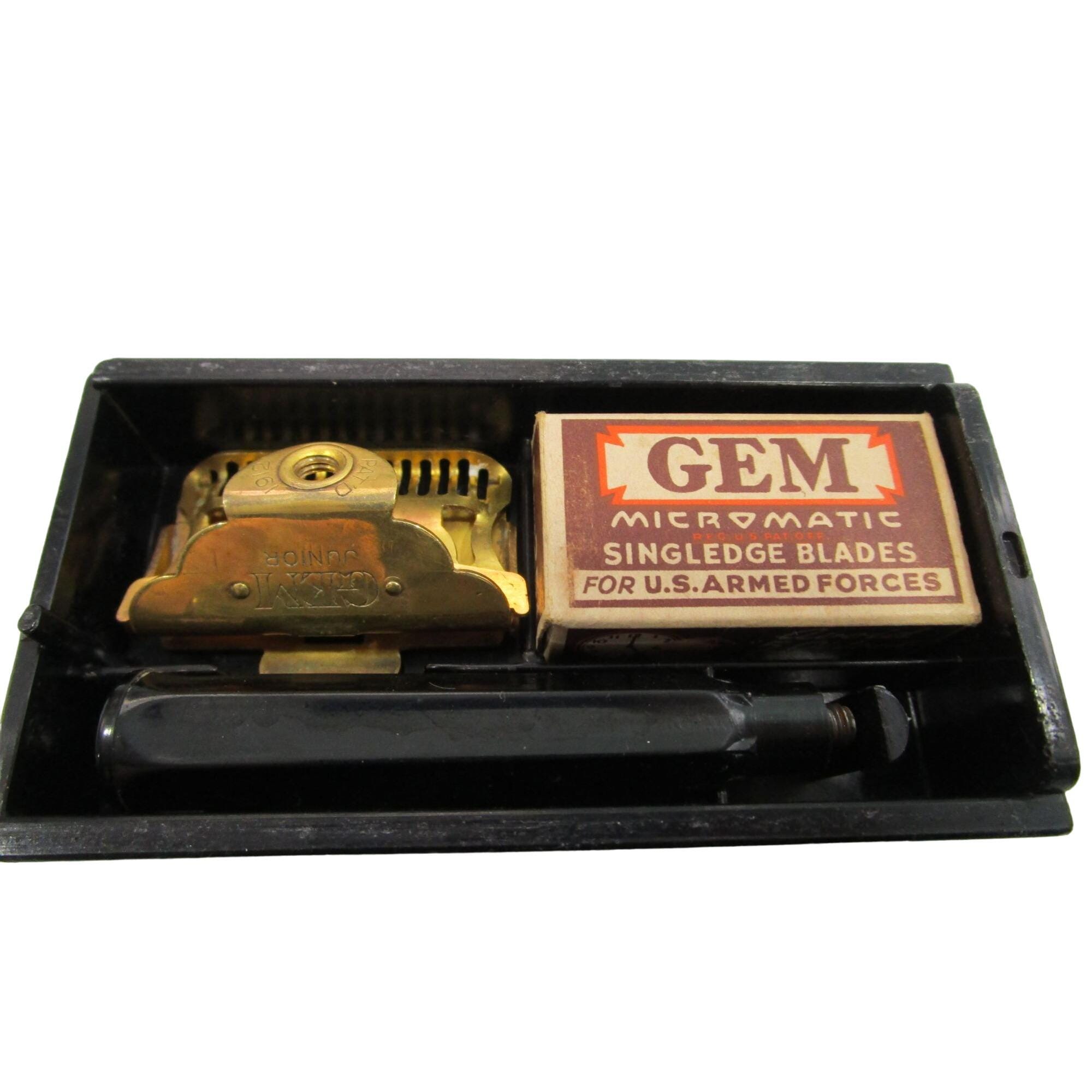 Military WW II Era Vintage Gem Safety Razor Set Gold Tone Bakelite
