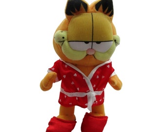 Garfield Kleine Plüsch Valentine Rot Satin Herz Print Robe Passende Hausschuhe 7in