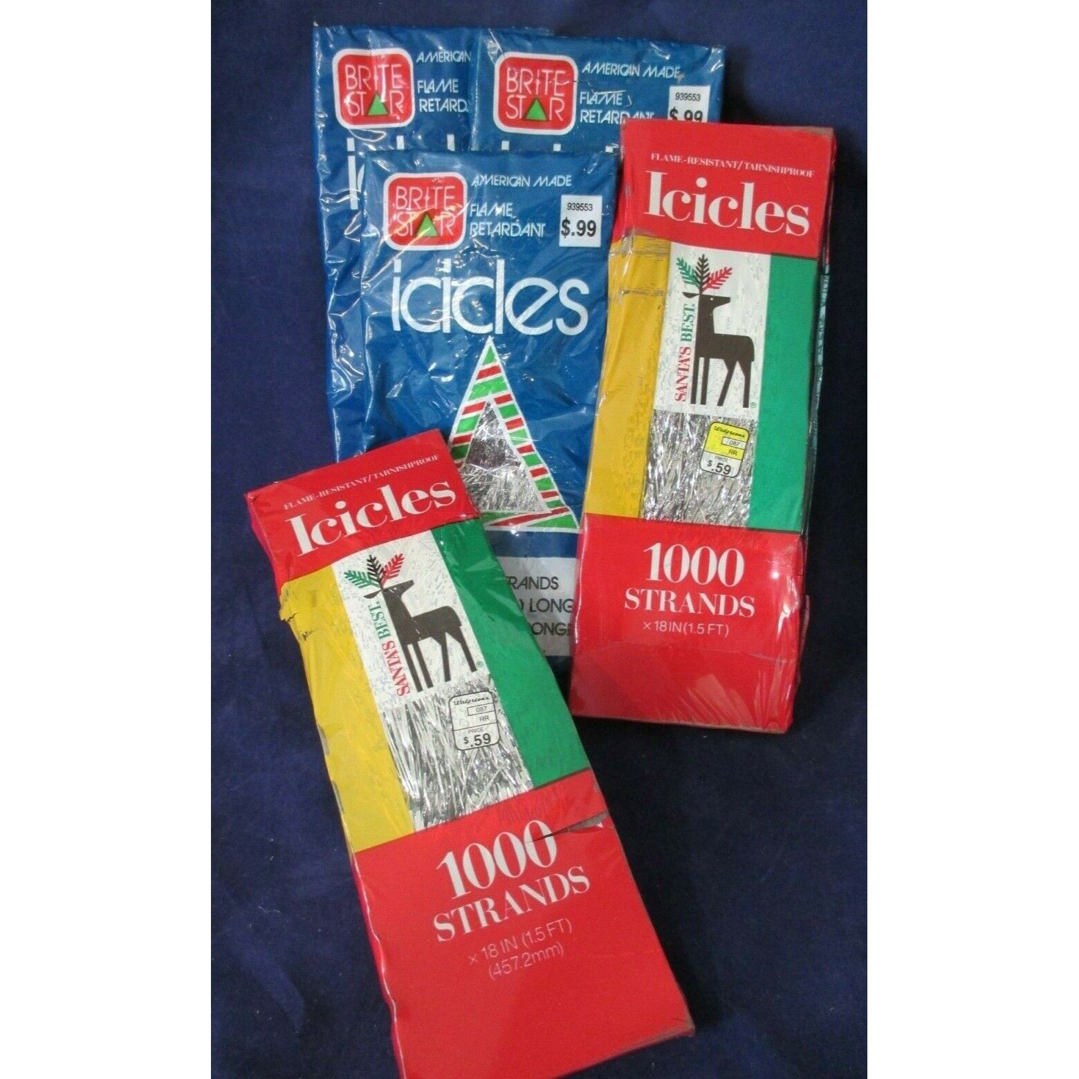 Vintage Silver Tinsel Icicles Five Packs Assorted Brands NOS Box Damage