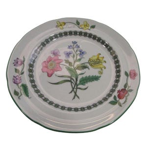 Pode incluir: Um prato de cerâmica branco com uma borda verde e um design floral. O design apresenta flores rosa, amarelas e azuis com folhas verdes.