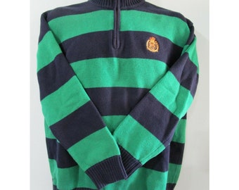 Lauren Ralph Lauren Navy Green Stripe Emblem Vintage Rugby Style Sweater 1/4 Zip Tag Size L EUC