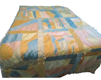 Vintage Pastel Satin Crazy Quilt 15 Blocks Hand Tied Long Twin Percale Back GUC