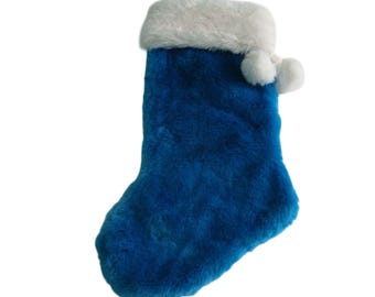 Calza di Natale vintage in finta pelliccia acrilica, blu e bianca, morbida e soffice, prodotta a Taiwan.