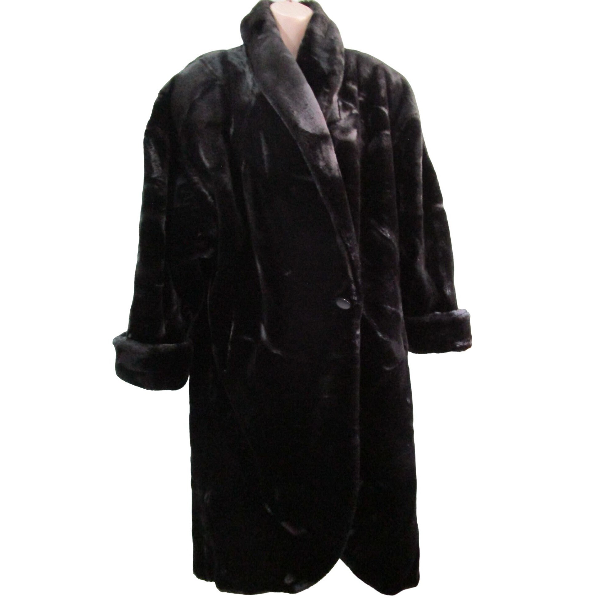 Donnybrook Faux Black Mink Coat Single Button Fully Lined Vintage
