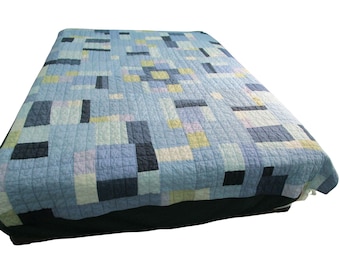 Vintage Geometric Patchwork Quilt Twin Blue Yellow Lavender Green GUC