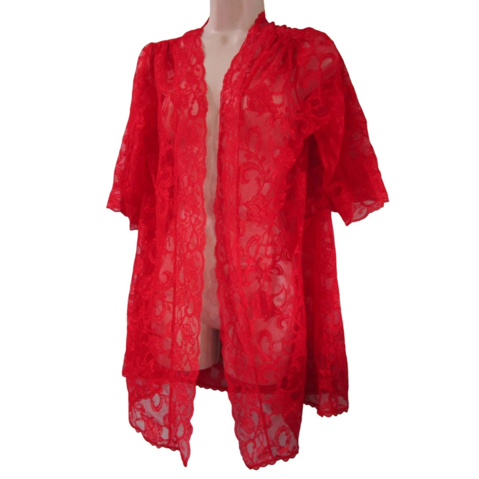 Shortie Red Robe Shirley of Hollywood Red Lace Short Robe Ladies Small Vintage EUC USA ...