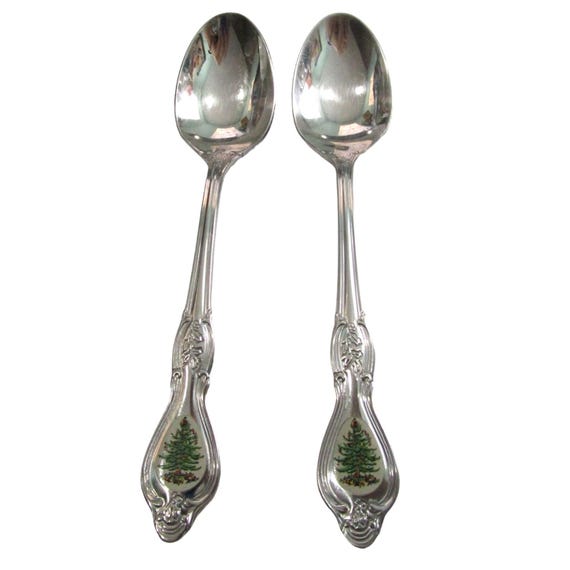 Spode Christmas Tree Stainless Steel Teaspoons A Pair Retired GUC