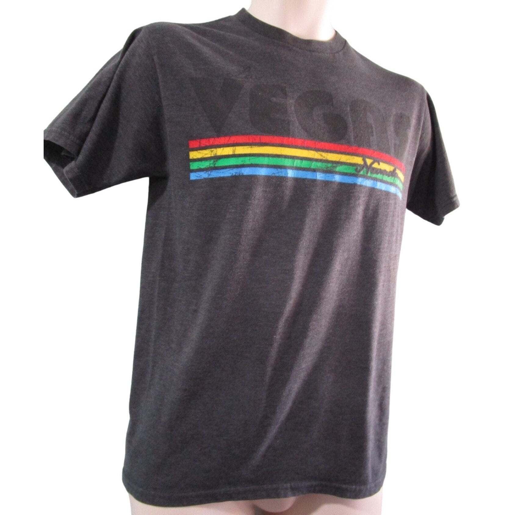 Rainbow Stripe Vintage Vegas Charcoal T Shirt Unisex Small Distressed GUC