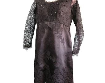 Black Lace and Satin Bead Accent Bespoke Cocktail Dress Vintage See Measurments