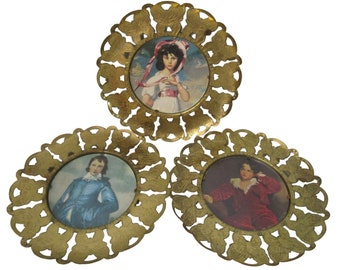 Vintage Round Brass Butterfly Framed Old Master Replicas GUC Set of Three