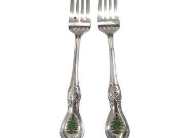 Spode Christmas Tree Pattern Salad Forks Set of 2 GUC Vintage Retired
