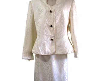 Nolan Miller Ivory White Brocade Skirt Suit Set Vintage 80s Sz 16 Hong Kong GUC