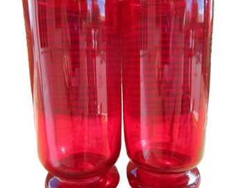 Vintage Ruby Red Footed Tumblers Hand Blown Rough Pontil Rolled Rim a Pair Very Rough Pontil or Punt On Bottom. Rolled Safety Top Rim. No Ma