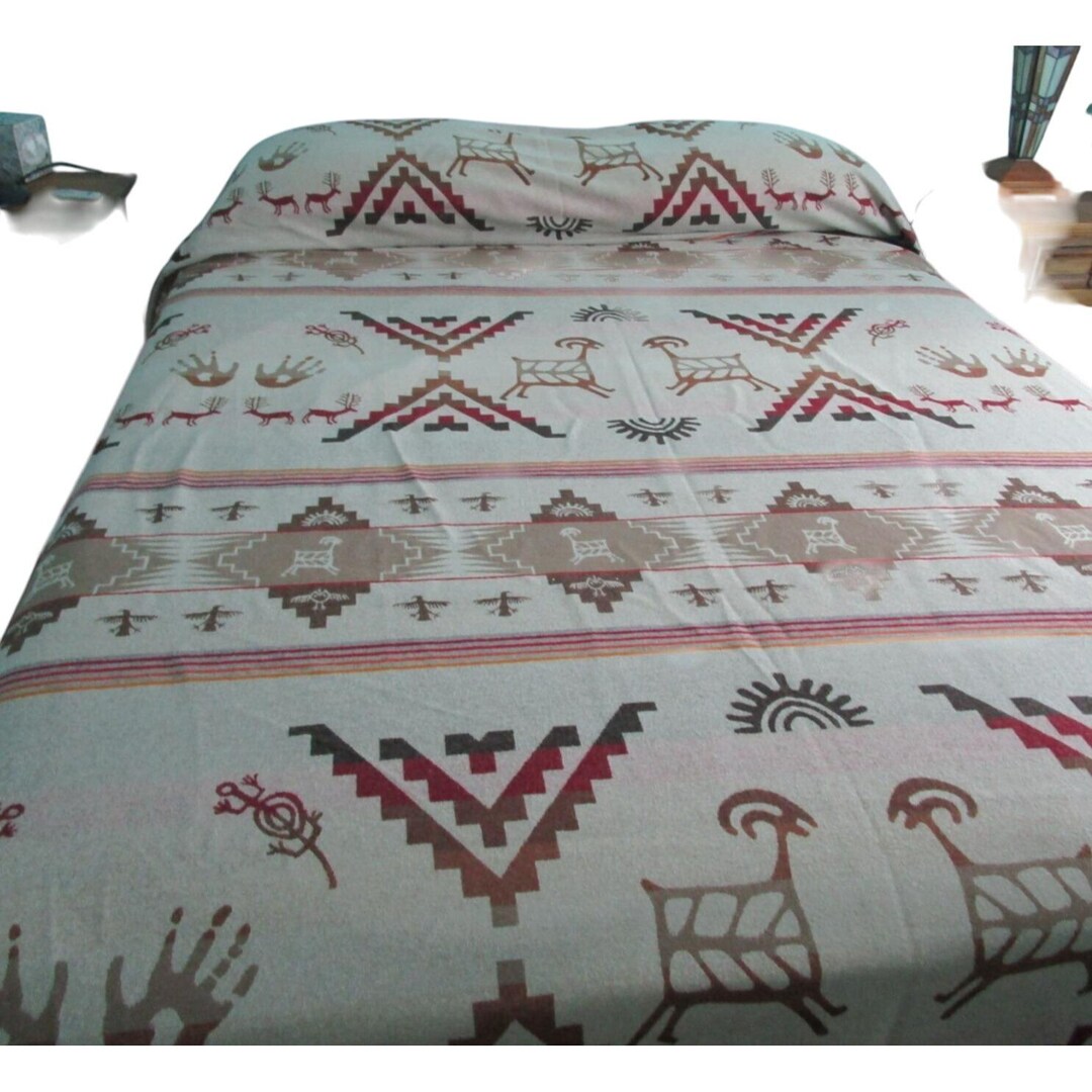 PENDLETON Painted Rock ブランケット Vintage Pendleton Wool Bedspread King Rock Art Petroglyph Earth