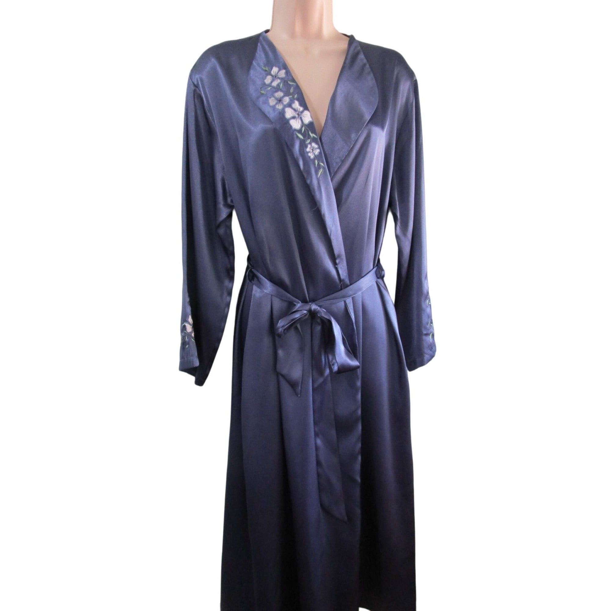 Blue Star Pattern Robe Halston Slate Blue Embroidered Applique Floral Satin Robe Ladies PL EUC ...