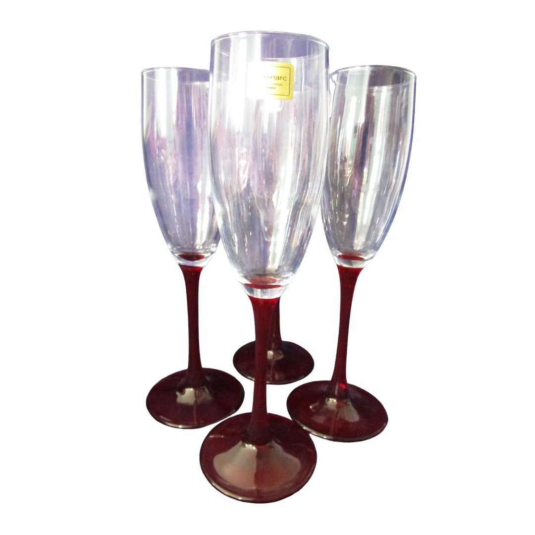 Luminarc Cherry Red Stem Champagne Mimosa Cocktail Glasses Four EUC
