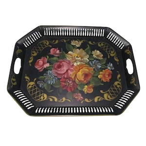 Tole Painted Floral Bouquet Vintage Large Metal Serving Tray Reticulated GUC