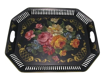 Tole Painted Floral Bouquet Vintage Large Metal Serving Tray Reticulated GUC