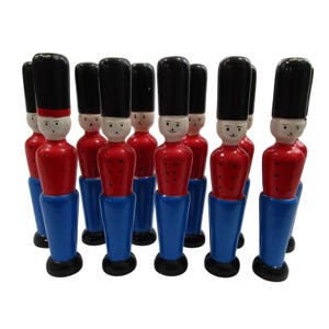Vintage French Wood Toy Soldier Skittles Bowling Pins Eleven Red Blue GUC