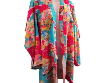 Silk Haori Happi Coat Short Kimono Bright Floral Damage Hand Made Japan Vintage