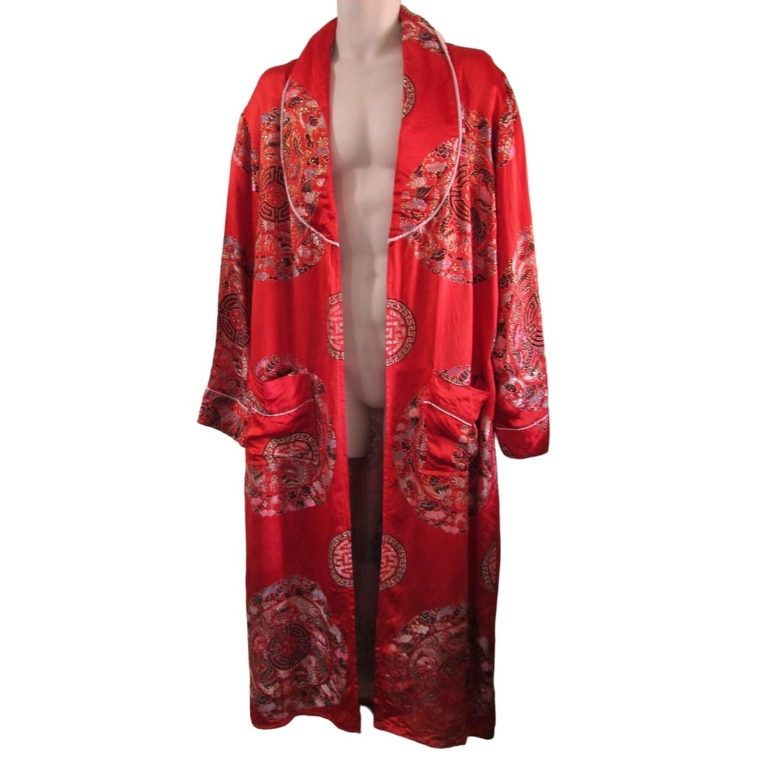 Vintage Red Kimono Robe Intricate Dragon Phoenix Coin Embroidery No Tie ...