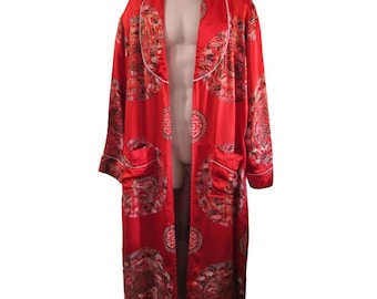 Vintage Red Kimono Robe Intricate Dragon Phoenix Coin Embroidery No Tie Damage